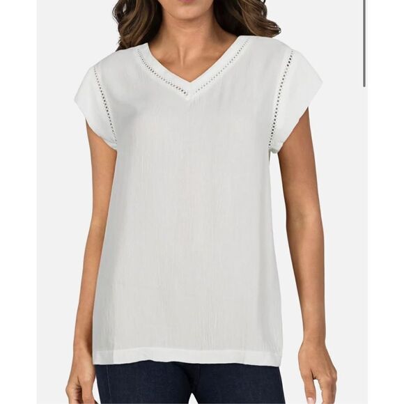 Buffalo David Bitton - Sofie Womens V-Neck Short Sleeves Blouse Cream Large EUC - Picture 1 of 9